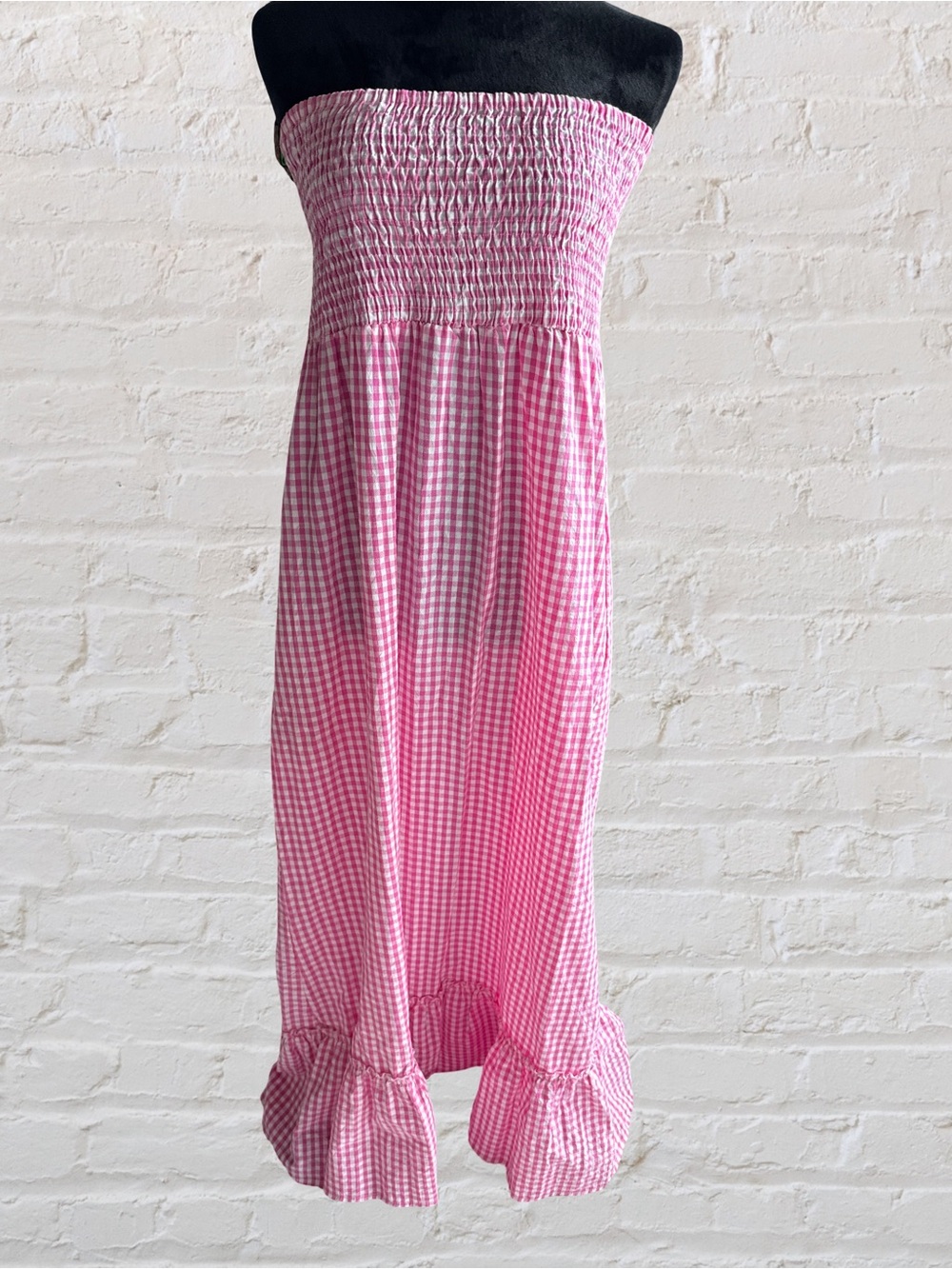 Raviya Pink Gingham Strapless dress  with pockets and Ruffle Hem
